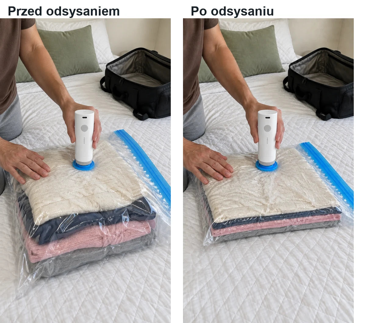 Dwa etapy odsysania powietrza z worka